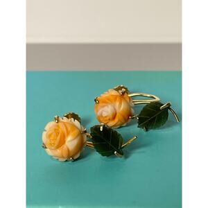 Vintage Krementz Genuine Coral & Jade Rose Earrings Screw Back Gold Tone